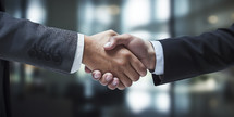 Close-up of a firm handshake between two business professionals in a corporate environment.