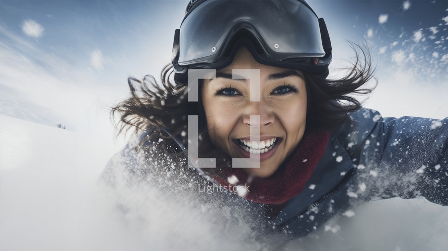 Dynamic close-up of a joyful woman snowboarding on a sunny day.