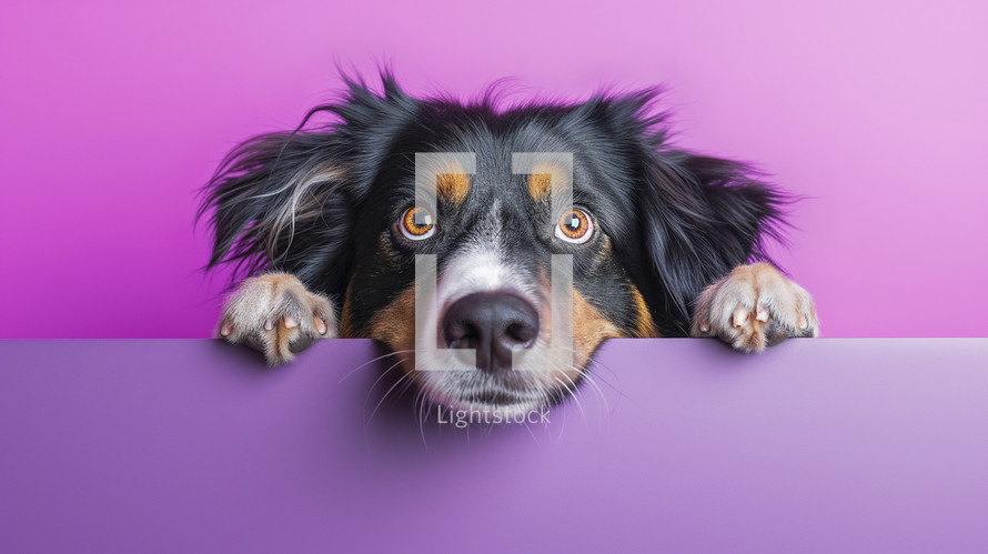 Adorable Australian Shepherd peeking over a two-tone purple surface, with bright, attentive eyes.