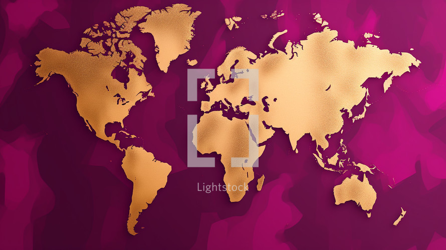 Gold world map on a magenta background. 