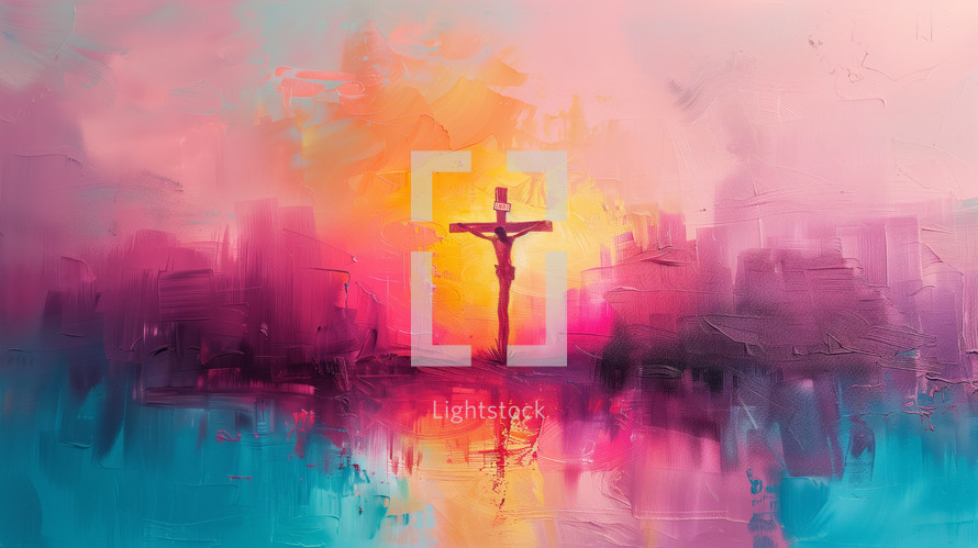 A minimalist abstract painting of the crucifixion at sunset.