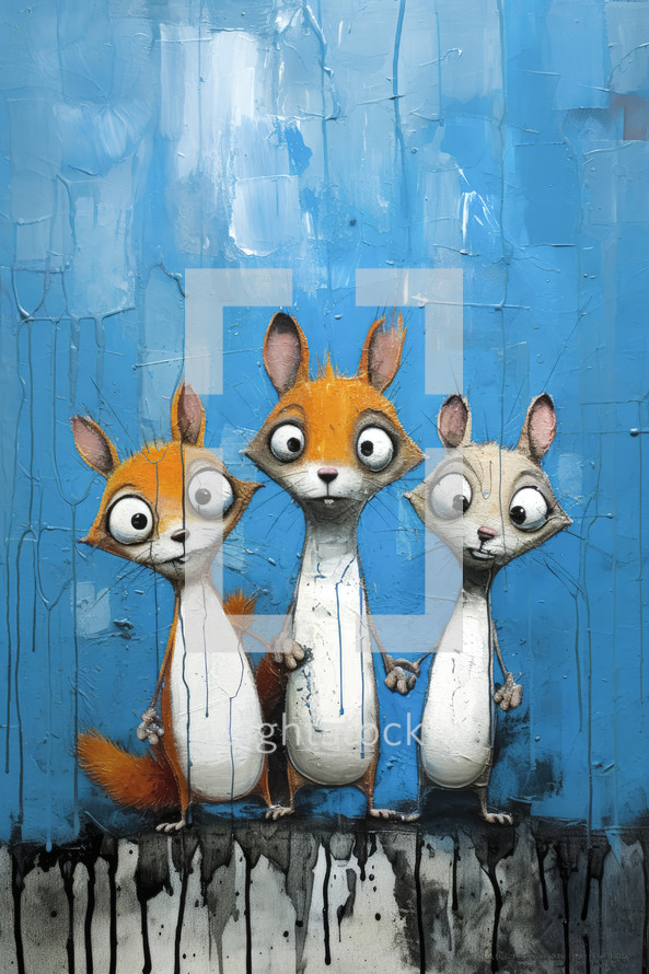 Oil painting portrait of funny and happy squirrels on blue background.