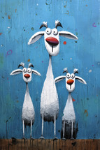 Portrait of a oil painting portrait of funny and happy goats on blue background.