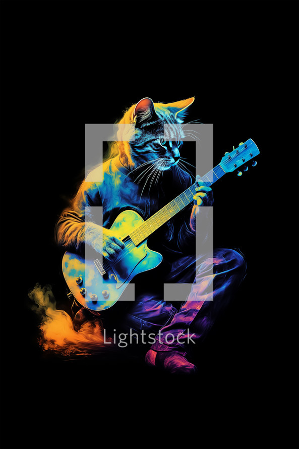 Cute cat playing guitar on black background. 