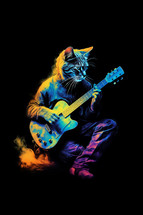 Cute cat playing guitar on black background. 