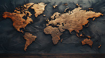 Bronzed world map on a dark background. 