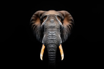 Majestic close-up of an African elephant against a deep black background, emphasizing its tusks and the powerful presence of this iconic animal.