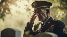 Portrait of American Senior Veteran in uniform saluting.