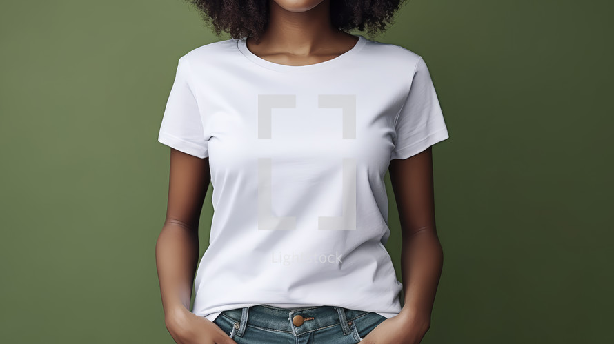 Plain white t-shirt mockup design. Portrait of young afro american woman on pastel green background. Front view.