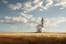 Small white church in the prairie with blue sky and clouds.