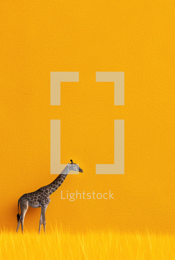 A lone giraffe standing in yellow grass against a vibrant orange background, symbolizing the beauty and simplicity of African wildlife.