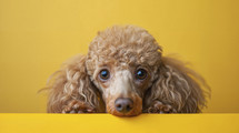 Adorable poodle peeking over a bright yellow surface with expressive, soulful eyes and curly fur.