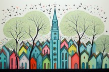 Cute hand drawn illustration of a Church and village with houses, trees and birds
