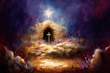 Digital painting of a christian cross in the night sky with clouds. Jesus's empty tomb