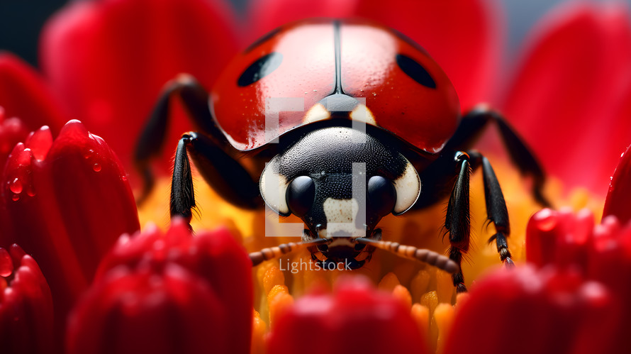 Close-up of a ladybug in a red flower. Wildlife animals.