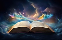 Bible in the night sky with glowing stars. 3D rendering