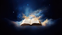 Open bible in the night sky with glowing stars. 3D rendering