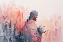 Watercolor style painting of Jesus holding a lamb, showcasing compassion and pastoral care, set against a warm, abstract backdrop.