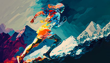 Abstract art. Colorful painting art of a woman running up a winter snow mountain. Endurance or motivation concept.