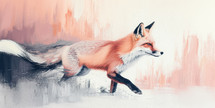Energetic red fox in mid-leap, set against a whimsical pink and white backdrop, captured in a contemporary impressionistic painting style.
