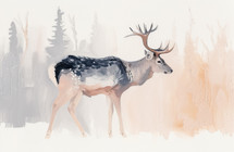 Profile view of a majestic deer against a serene, misty forest backdrop, its poised stance captured in a modern minimalist painting style.