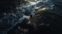 Jesus walking on water during stormy waves. 