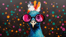 Portrait of a beautiful peacock wearing sunglasses, standing against a vibrant backdrop of oversized dots looking in camera.