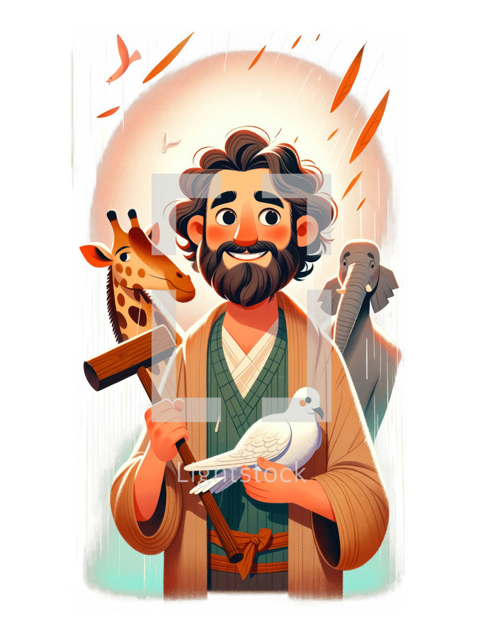 Illustration of Noah with animals, Biblical ark story, colorful art.