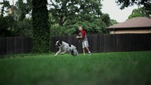 Bot playing fetch with a dog outside.