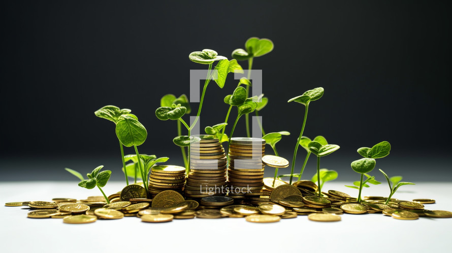 Green plants growing from money coins. 