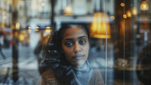 Candid portrait of a woman through a window with city lights reflecting, capturing her thoughtful expression amidst the urban bustle.
