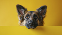 Captivating German Shepherd peeking over a vivid yellow surface, showcasing its large ears and soulful eyes.