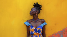 African woman in vibrant traditional dress against a bright yellow wall, her head tilted back, eyes closed, embodying grace and culture.