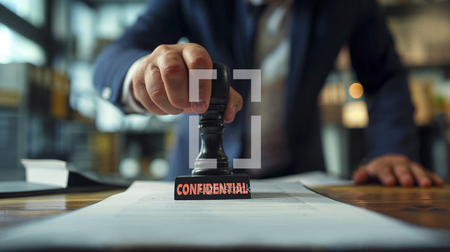 Professional setting with a focused view on a businessperson's hand pressing a confidential stamp on a document.