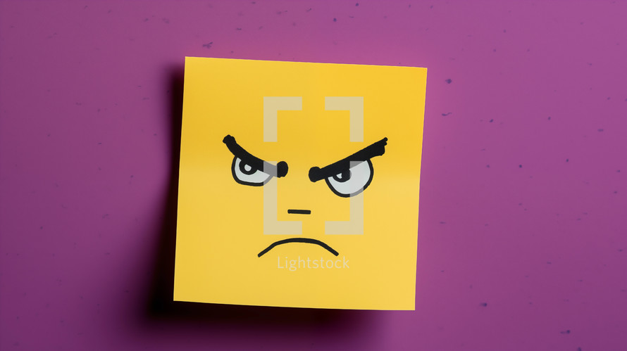 Angry face drawn on a yellow sticky note on a purple background.