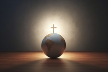 Conceptual image with christian cross and earth globe on wooden floor