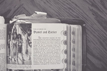 A book or bible,  open to the story of Daniel and Esther laying on a wooden surface