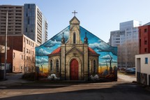 Mural art in the shape of a church in the city.