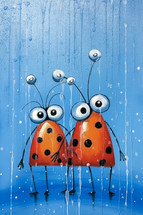Portrait of a oil painting portrait of funny and happy lady beetles on blue background.