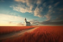 Church in the field at sunset, 3d render, vintage colors