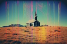 Church in the mountains with rainbow stripes. Retro style toned image