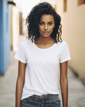 Alluring young woman with natural curly hair and a serene expression, dressed in a white tee and denim, captured in a quaint alleyway.