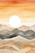 Watercolor mountain landscape with sun. Digital art painting.