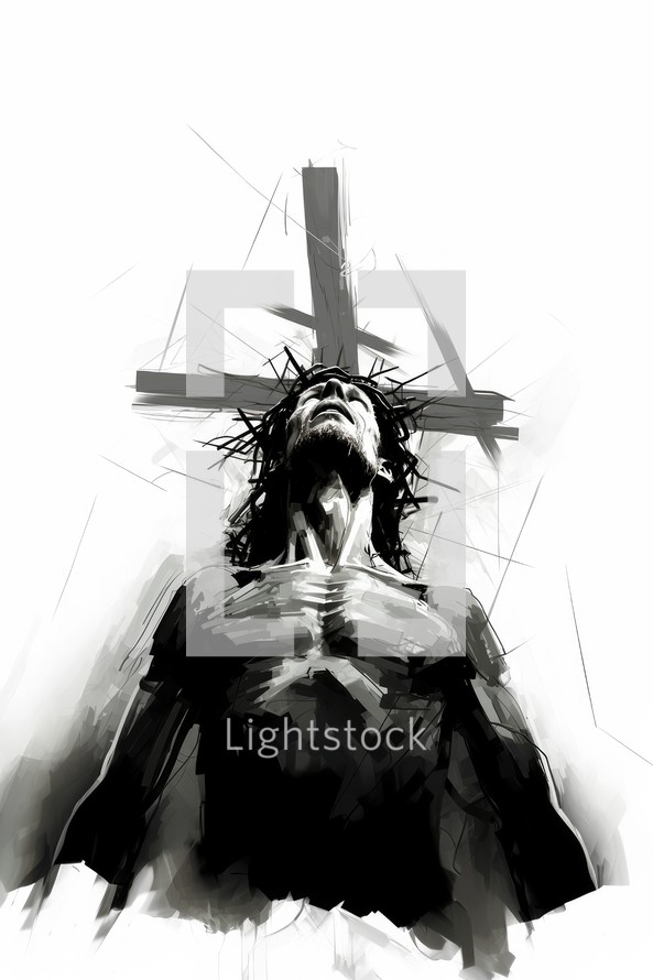 Jesus Christ with cross - digital painting. Black and white illustration