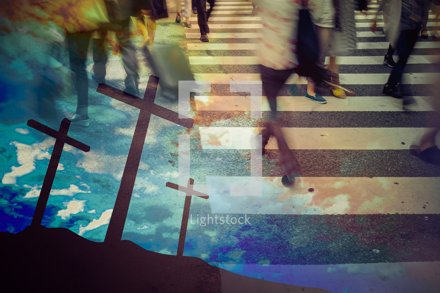 double exposure three crosses on a mountain peak and crosswalk with people 