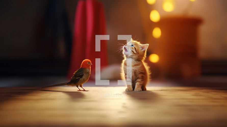 A cute red bird and a cat are sitting on a stage. The cat looks up. 