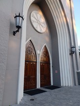 Exterior of wooden church doors