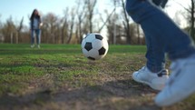 Boy kicking a football (soccer ball) on a green meadow