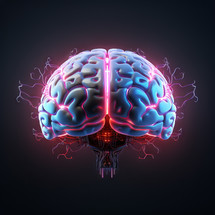 Stylized human AI brain with neon highlights and circuitry base