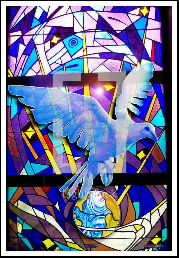 A multi colored beautiful stained glass window featuring a white Dove over the Earth. A beautiful portrait of a white Dove on a white and blue stained glass window with purple, gold and lavender colors . The dove is often used to display the personality and presence of the Holy Spirit as mentioned in Luke 3:22 when Jesus was baptized. "And the Holy Spirit descended on him in bodily form like a dove. And a voice came from heaven: "You are my Son, whom I love; with you I am well pleased."